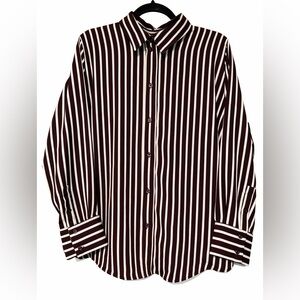 H&M Burgundy and Ivory Striped Women's Silk Button Down Shirt Size XL